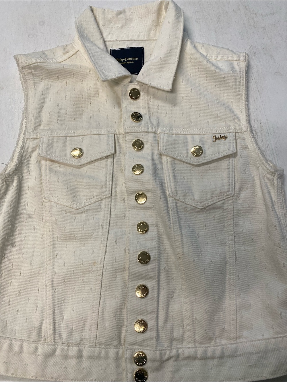 Juicy Couture Cream Sleeveless Denim Jacket with Gold Buttons